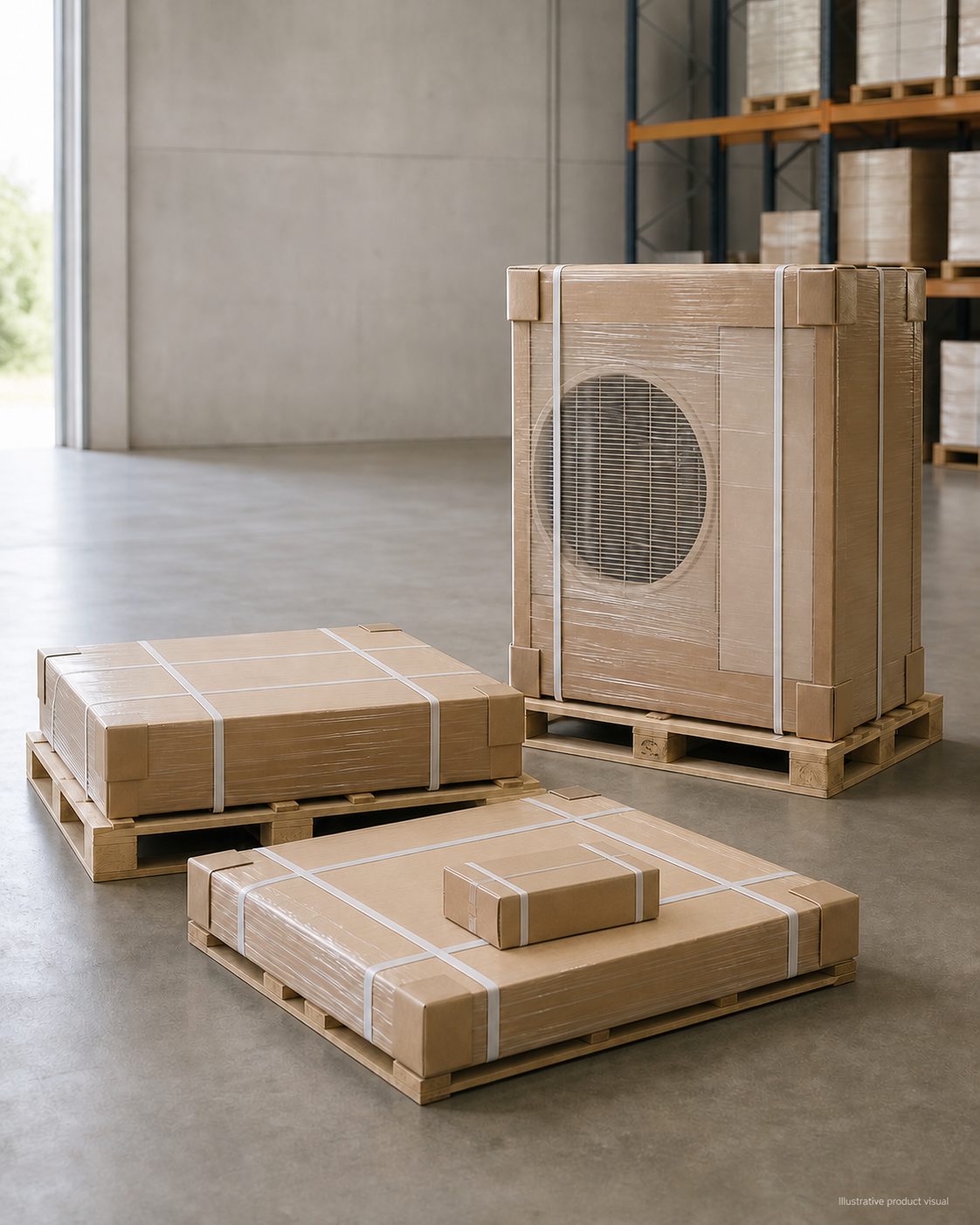Illustrative warehouse visual of a packaged Haier ABH071H-SET 6.8kW ceiling cassette system